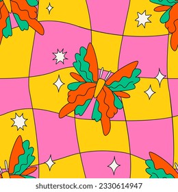 Groovy psychedelic seamless pattern with butterflies and stars. Vector trippy background. Distorted wavy cage