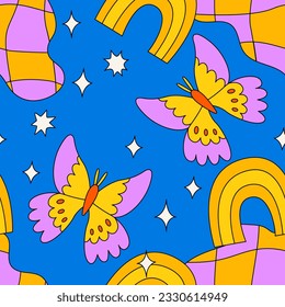 Groovy psychedelic seamless pattern with butterflies, rainbows and stars. Vector trippy background