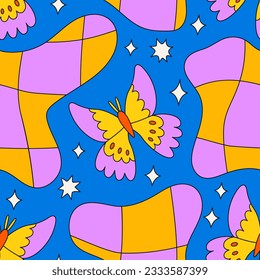 Groovy psychedelic seamless pattern with butterflies, wavy shapes and stars. Vector trippy background