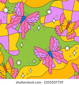 Groovy psychedelic seamless pattern with butterflies, wavy shapes and stars. Vector trippy background