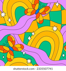 Groovy psychedelic seamless pattern with butterflies, rainbows and stars. Vector trippy abstract wavy background