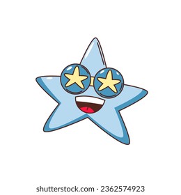 Groovy, ilustración vectorial de carácter estelar psicodélico. Caricatura pegatina aislada con alegre emoji lindo, sonrisa divertida y divertida en la cara de la estrella azul con gafas de sol trippy, emoción emocionada de buen humor