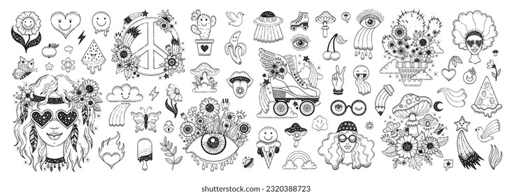 Groovy psychedelic stickers with flowers, rainbow, peace sign, mushrooms, heart and girls in retro style. Doodle hippie clipart with cactus, roller skate, eye and dove, vector hand drawn set