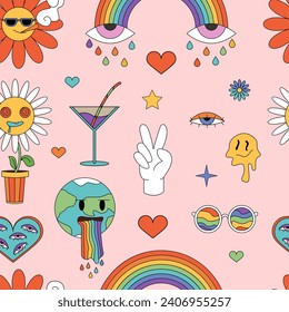 Groovy psychedelic stickers set in seamless pattern. Funny retro hippie party elements collection, distorted emoji melts in drops, funky planet Earth and rainbow, flowers cartoon vector illustration