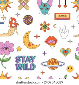 Groovy psychedelic stickers set in seamless pattern. Funky retro hippy mushroom and disco ball, cherry music note and trippy flower with eye, magic lips and Stay wild text cartoon vector illustration