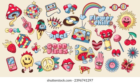 Pegatinas psicodélicas groovy establecen ilustraciones vectoriales. Caricatura aislada de personajes divertidos y florales hippie en la colección de pegatinas, emoji trippy con caras ácidas, flores y hongos