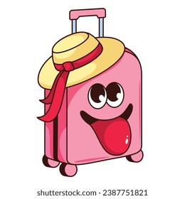 Groovy psychedelic suitcase character vector illustration. Cartoon isolated retro comic sticker of baggage for travel vacation with hat and long tongue hanging out from mouth, mascot with funny face