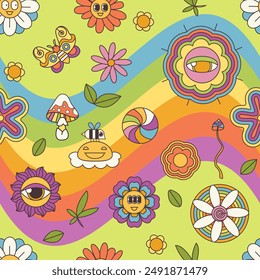 Groovy psychedelic summer flowers and wavy rainbow lines seamless pattern. Funny retro chamomile emoji with eyes and funky smile, bee in colorful hippy background of 70s 80s style vector illustration