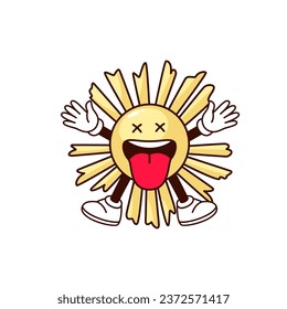 Groovy psychedelic sun character vector illustration. Cartoon isolated retro funky sticker of comic sun with trippy face and tongue, arms and legs, emoji of fun hippy or rave party and acid trip