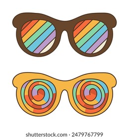 Groovy, psychedelic sunglasses in 70s retro hippie style.