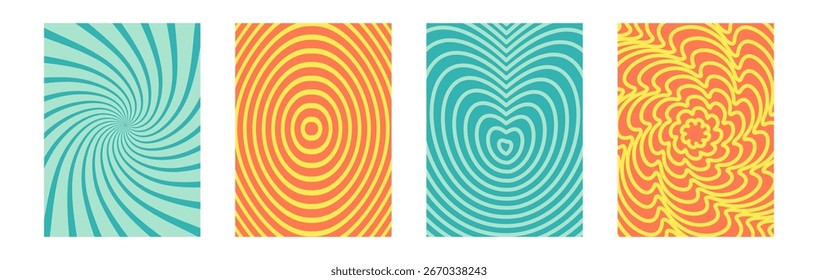 Groovy psychedelic vector artwork with distorted lines in a 60s and 70s hippie style. Funky daisy cover design for Y3K backdrops, yellow and orange flower motifs, and naive funny retro themes.