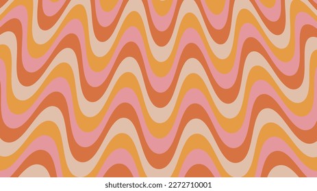 Groovy psychedelic wavy background in 70s style. Funky hippie backdrop for surface design. Abstract retro line art. Trendy vector illustration with colorful waves. Yellow, pink and orange pastel