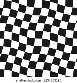 Groovy psychedelic wavy chessboard seamless pattern. Hippie twisted gingham checkerboard background. Checker retro psychedelic seamless texture. Vector illustration isolated on white background.