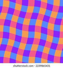 Groovy psychedelic wavy chessboard seamless pattern. Hippie twisted gingham checkerboard background. Checker retro psychedelic seamless texture. Vector illustration isolated on white background.