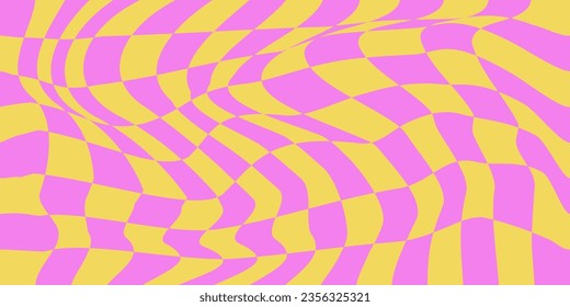 Groovy psychedelic wavy chessboard seamless pattern. Hippie twisted gingham checkerboard background. 
