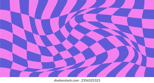 Groovy psychedelic wavy chessboard seamless pattern. Hippie twisted gingham checkerboard background. 