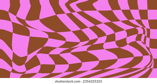 Groovy psychedelic wavy chessboard seamless pattern. Hippie twisted gingham checkerboard background. 