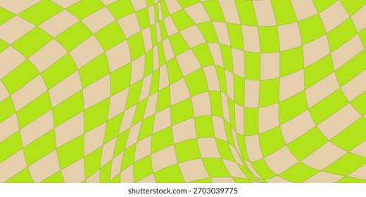 Groovy psychedelic wavy chessboard seamless pattern. Hippie twisted gingham checkerboard background. 