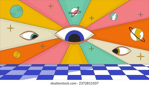 Groovy psychedelic world 2D linear illustration concept. 70s retro watching over eyes trippy cartoon scene background. Rave surreal. Dream hallucination metaphor abstract flat vector outline graphic