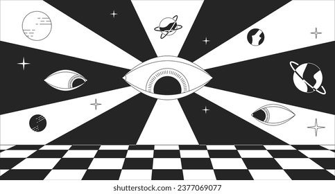 Groovy psychedelic world black and white 2D illustration concept. 70s retro watching over eyes trippy outline cartoon scene background. Rave surreal. Dream hallucination metaphor monochrome vector art