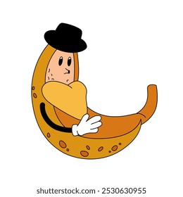 Groovy psychedelic yellow banana in black hat character holding peel vector illustration