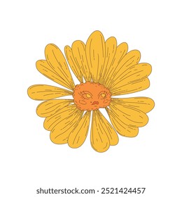 Groovy psychedelic yellow flower with female face and funny expression vector illustration