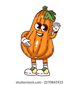 Groovy pumpkin cartoon character waving hand. Funny retro positive orange squash of autumn harvest greeting. Food, vegetable mascot, cartoon pumpkin sticker of 70s 80s style vector illustration