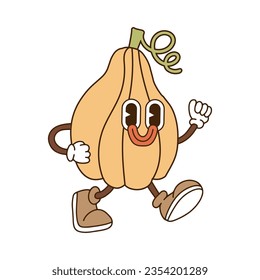 Groovy pumpkin character. 70s vintage walking witch's pot mascot. Contour hand drawn vector illustration.