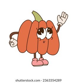 Groovy pumpkin character in trendy retro 70s style. Walking Retro cartoon Halloween mascot. Contour hand drawn vector illustration.