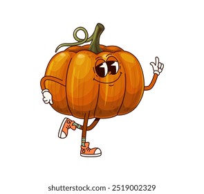 Carácter vegetal de calabaza Groovy con expresión amistosa. Personaje divertido de calabaza de Vector de dibujos animados con un lindo tallo rizado y zapatillas de deporte de moda, para otoño, Halloween o temas de cosecha de Acción de Gracias