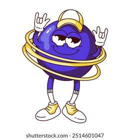 Groovy purple ball cartoon character with rock gesture. Funny retro happy funky ball with smile and golden rings. Toy, celebration mascot, cartoon sticker of 70s 80s style vector illustration