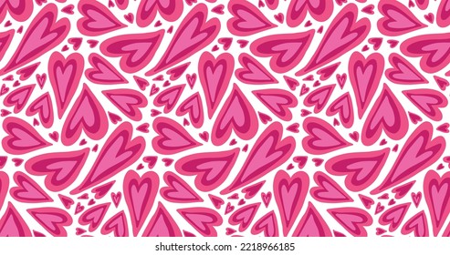 Groovy purple pink violet hearts Y2K 90s seamless pattern vector background. Retro hippie romantic repeat texture wallpaper, textile design.