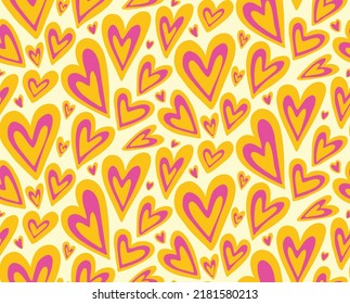 Groovy purple yellow hearts Y2K 90s seamless pattern vector background. Retro hippie romantic repeat texture wallpaper, textile design.