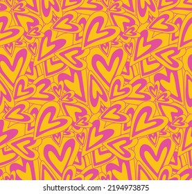 Groovy purple yellow hearts Y2K 90s seamless pattern vector background. Retro hippie romantic repeat texture wallpaper, textile design.