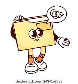 Groovy puzzled folder cartoon character thinking. Funny retro confused yellow archive with documents in doubt, paper organization mascot, cartoon folder sticker of 70s 80s style vector illustration