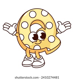 Groovy Q alphabet letter cartoon character greeting with hands up. Funny retro ABC mascot, cartoon yellow friendly letter Q with white polka dots, typography sticker of 70s 80s vector illustration