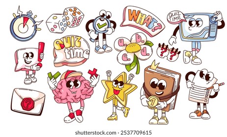 Groovy quiz personajes de dibujos animados y pegatinas conjunto. Divertida TV retro y libro con medalla de oro, estrella y ojos curiosos con signos de interrogación, cerebro. Concurso de mascotas de dibujos animados de los años 70 80 estilo Ilustración vectorial