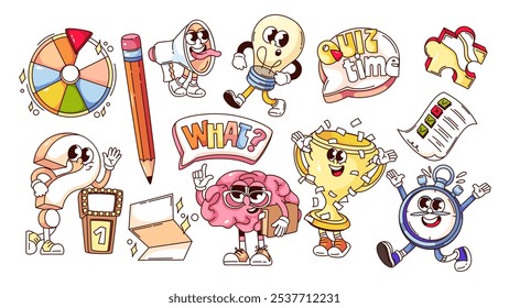 Groovy quiz cartoon characters and stickers set. Funny retro speech bubbles with Quiz time and What text, stopwatch, light bulb. Exam, game cartoon mascots of 70s 80s style vector illustration