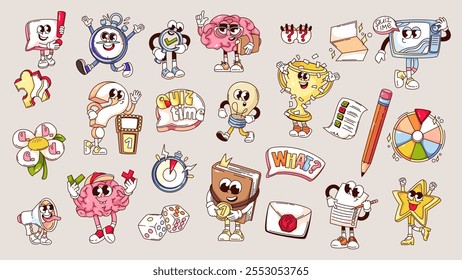 Groovy quiz personajes de dibujos animados y pegatinas conjunto. Burbujas de discurso retro divertido con signo de interrogación y exclamación, cerebro. Mascotas de juego inteligentes, colección de concurso de dibujos animados de la Ilustración vectorial de estilo de los años 70 y 80