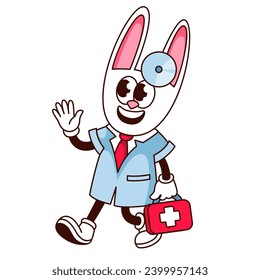 Groovy rabbit doctor cartoon character with first aid box. Happy funny animal in hospital coat walking, retro cartoon animal doctor mascot waving, comic bunny sticker of 70s 80s vector illustration