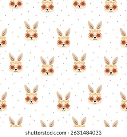 Groovy konijn gezicht naadloos patroon. Leuke retro dier gezicht patroon. Schattig handgetekende vectorontwerp in platte tekenfilmstijl voor kinderprints