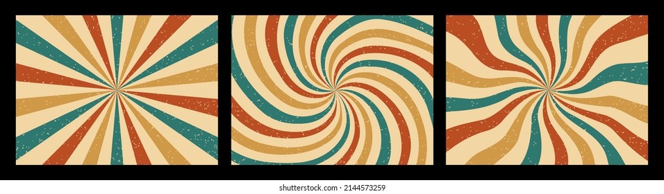 Groovy radial rays background. Retro 70s Hypnosis optical illusion, spinning stripes and spiral burst vector background set