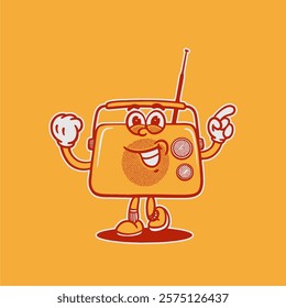 groovy radio retro character. Vector illustration, cartoon, mascot, funny, set, vintage, logo, sticker, icon, communication, tools, speaker, editable