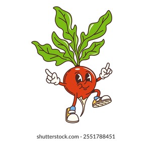 Groovy radish vegetable cartoon character with happy face, vector retro emoji. Groovy radish with smile and funky cool fingers gesture in good vibes for vegetable emoticon or veggie cartoon character