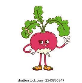 Groovy radish vegetable happy character. Farm healthy product happy cartoon groovy vector mascot or personage, agriculture ripe veggie or farming market harvest, fresh radish vegetable cute character