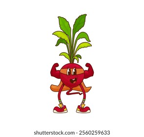 Groovy radish vegetable superhero character flexing its muscles demonstrates superpower. Isolated cartoon vector funny fairytale comic book vitamin retro personage in cape and mask ready for adventure