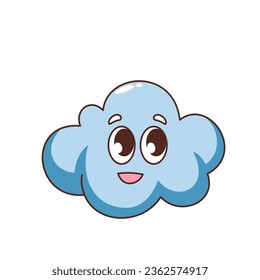Groovy rain cloud character vector illustration. Cartoon isolated trippy psychedelic retro sticker of cute cloud in sky with funky funny baby face, hippy positive patch, landscape element and emoji