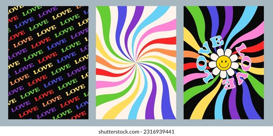  Groovy rainbow background set. Waves, swirl, twirl pattern. Twisted and distorted vector texture in trendy retro psychedelic style. Hippie 70s aesthetic.

