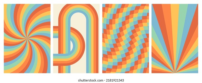 Groovy rainbow backgrounds. Checkerboard, chessboard, mesh, waves, swirl, twirl pattern. Twisted and distorted vector texture in trendy retro psychedelic style. Hippie 70s aesthetic.