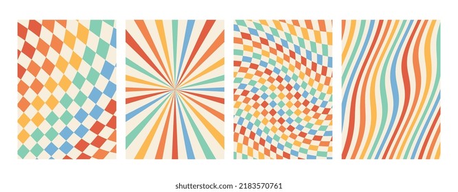 Groovy rainbow backgrounds. Chessboard, grid, waves, swirl, twirl pattern.. Twisted and distorted vector texture in a trendy retro psychedelic style. The aesthetics of the hippies of the 70s.